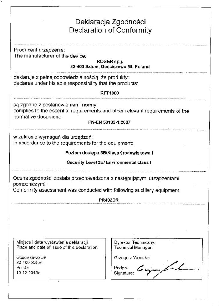 RFT 1000 Declaration PNEN50133 Alsero